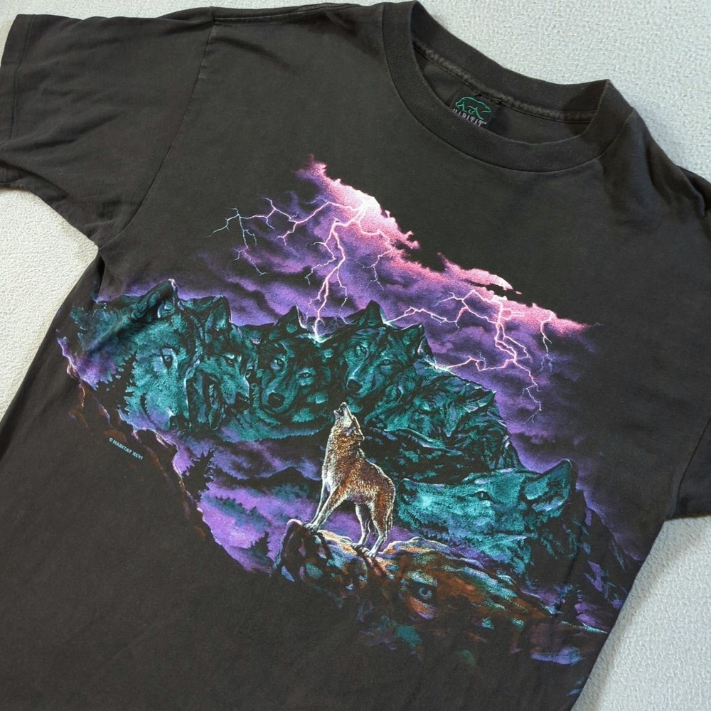 Habitat Lightning Wolf Mountain T Shirt Mens XL Black VTG 1996 Wrap Around Tee